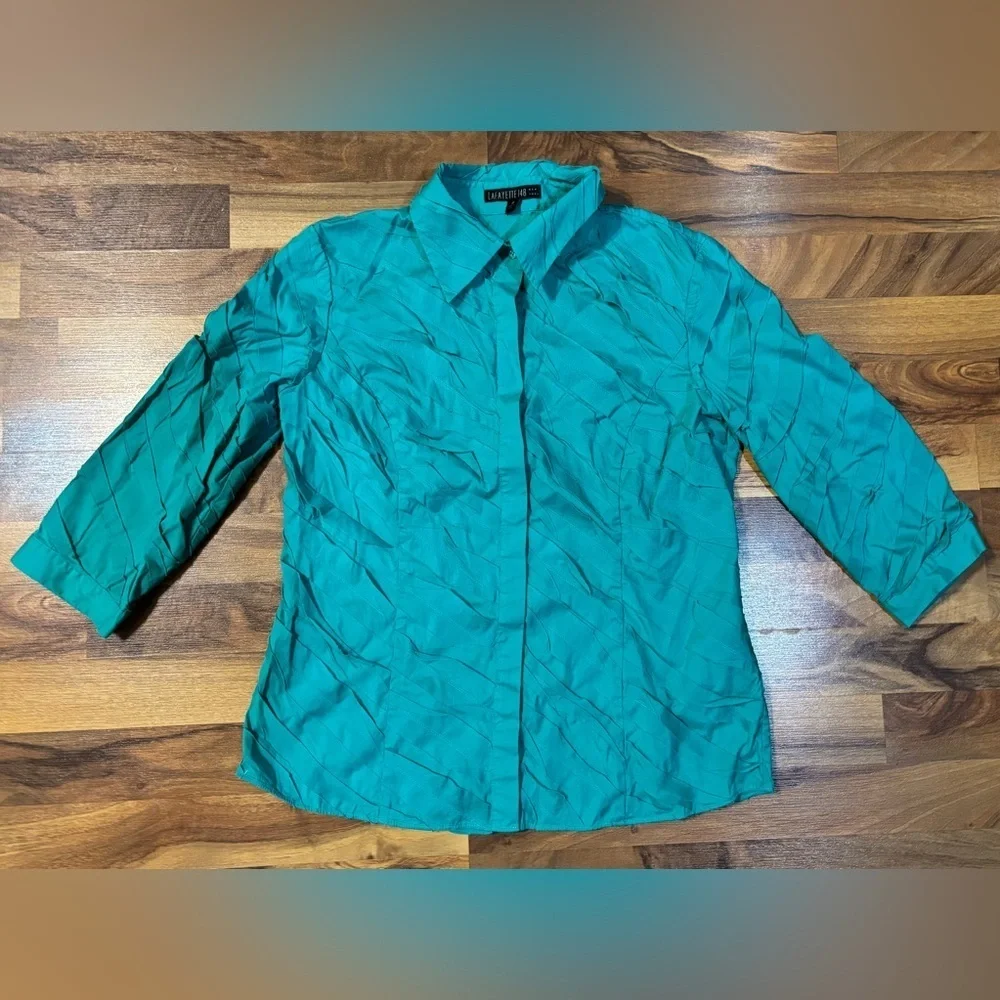 Lafayette 148 New York Teal Textured Button-Up Blouse Size 10 - Picture 2 of 8